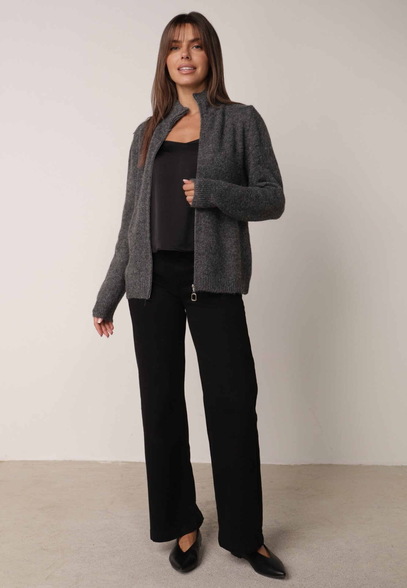 j&x Cardigan simplu cu fermoar cu guler tip tunică din tricot cu lână și bumbac Corraine Gri închis