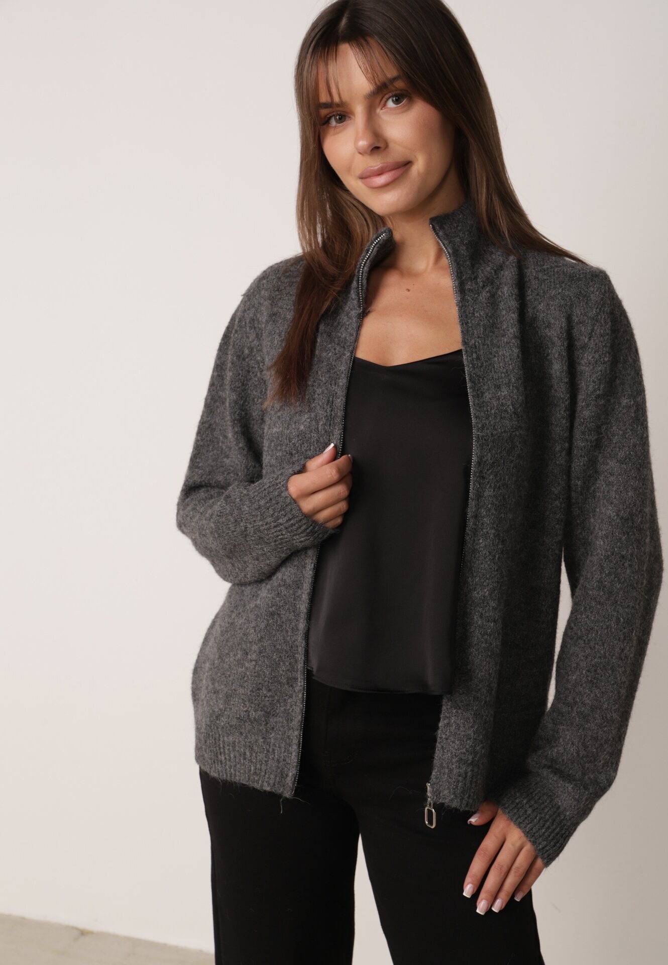 j&x Cardigan simplu cu fermoar cu guler tip tunică din tricot cu lână și bumbac Corraine Gri închis