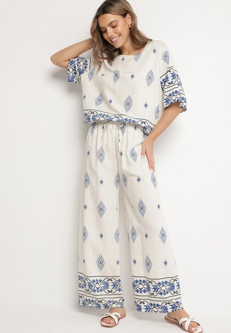 j&x Compleu Bej-Albastru de vâscoză în stil Boho cu Pantaloni largi și Bluză T-shirt Sarilorae