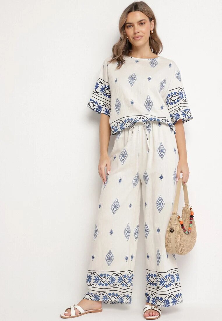 j&x Compleu Bej-Albastru de vâscoză în stil Boho cu Pantaloni largi și Bluză T-shirt Sarilorae