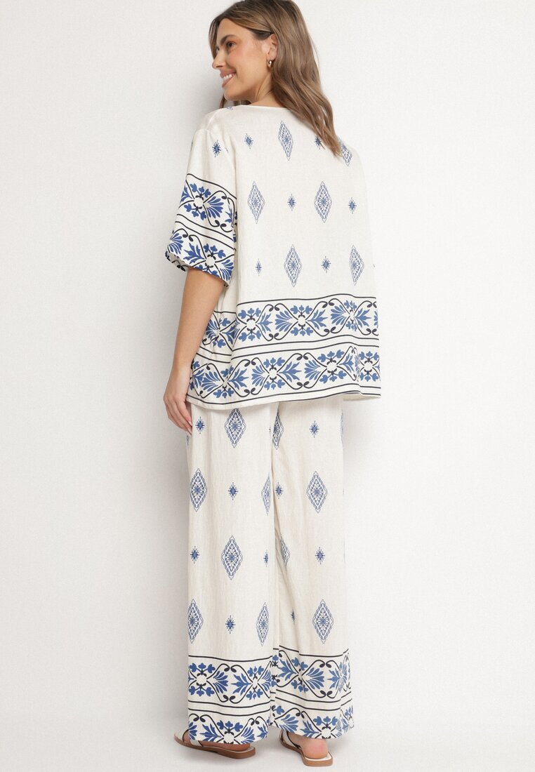 j&x Compleu Bej-Albastru de vâscoză în stil Boho cu Pantaloni largi și Bluză T-shirt Sarilorae
