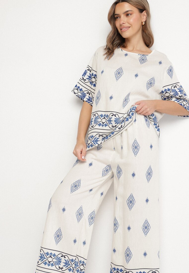 j&x Compleu Bej-Albastru de vâscoză în stil Boho cu Pantaloni largi și Bluză T-shirt Sarilorae