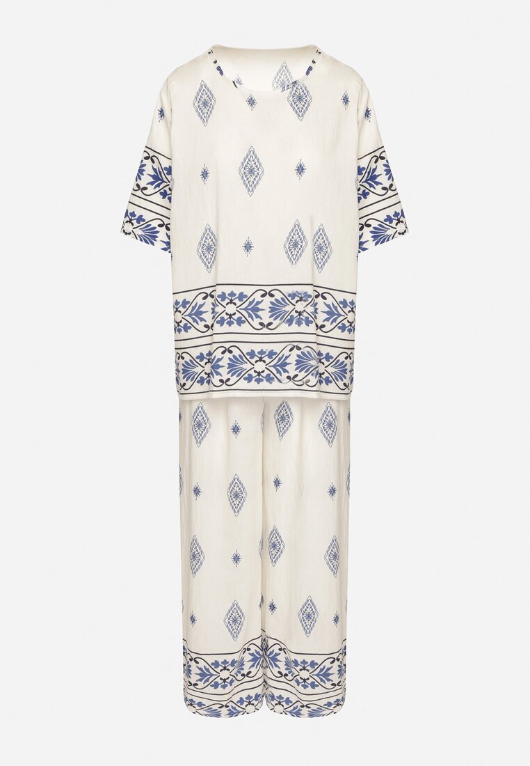 j&x Compleu Bej-Albastru de vâscoză în stil Boho cu Pantaloni largi și Bluză T-shirt Sarilorae