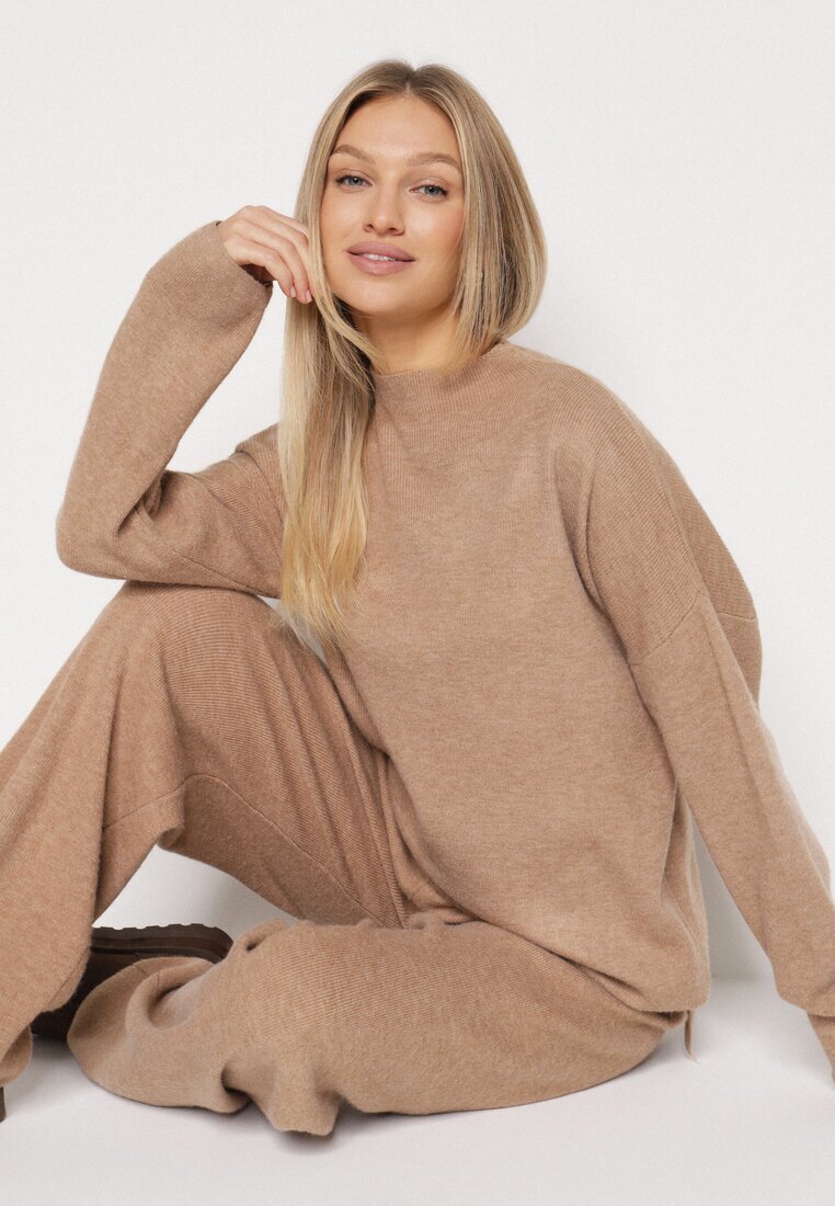 j&x Compleu Bej închis Tricotat cu Lână Pantaloni și Pulover Tesira