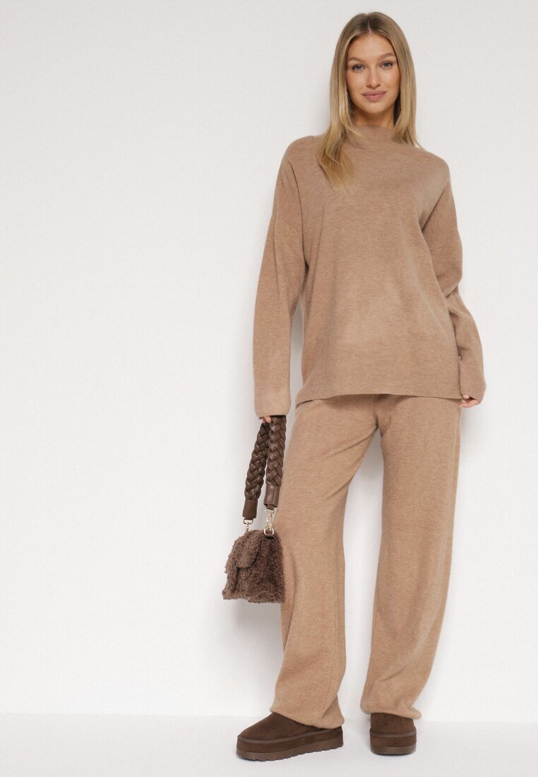 j&x Compleu Bej închis Tricotat cu Lână Pantaloni și Pulover Tesira