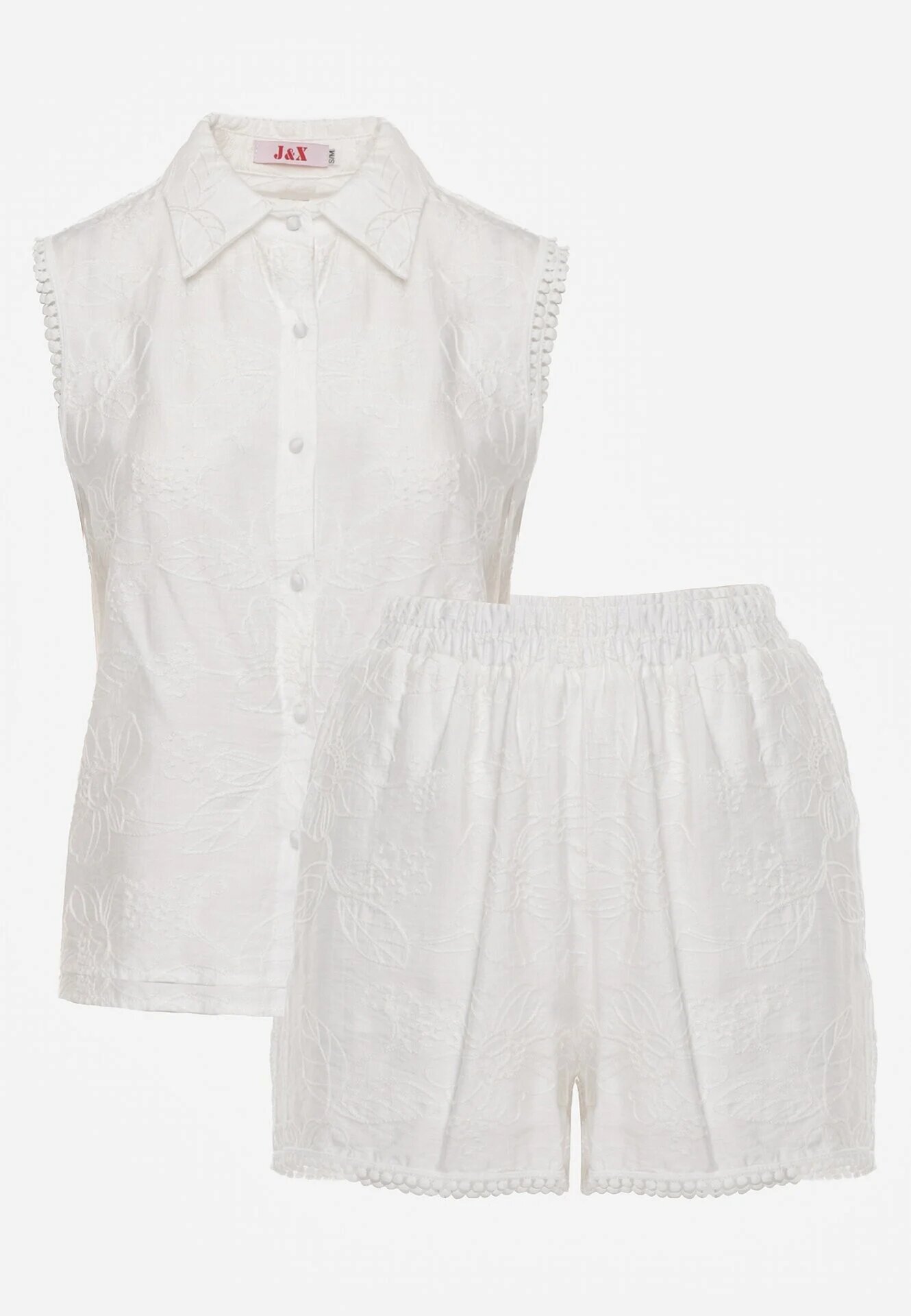 j&x Compleu brodat din viscoză cămașă fără mâneci și pantaloni scurți Samethe Alb