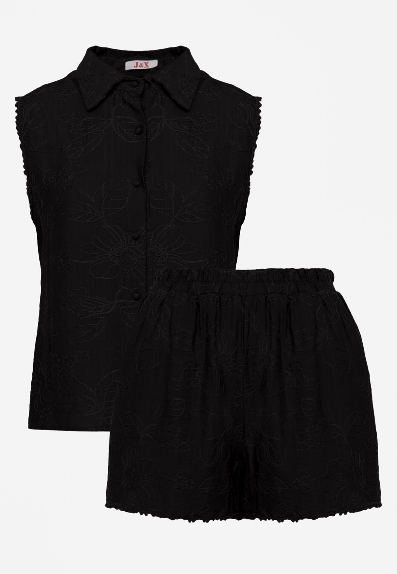 j&x Compleu brodat din viscoză cămașă fără mâneci și pantaloni scurți Samethe Negru