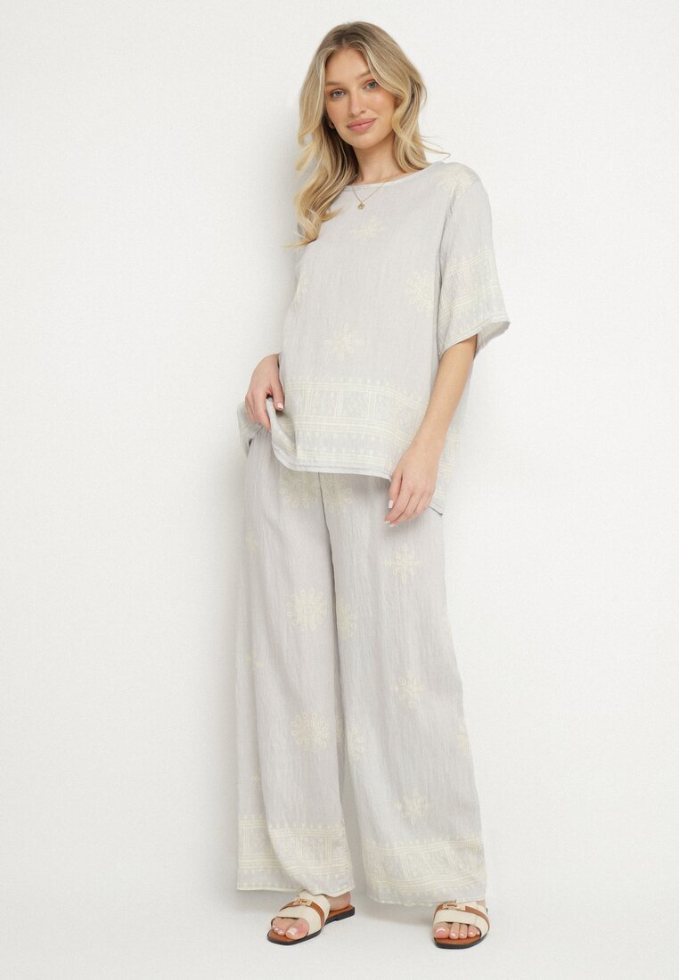 j&x Compleu Gri deschis din Vâscoză în Stil Rustic Bluză și Pantaloni Largi Ronilae