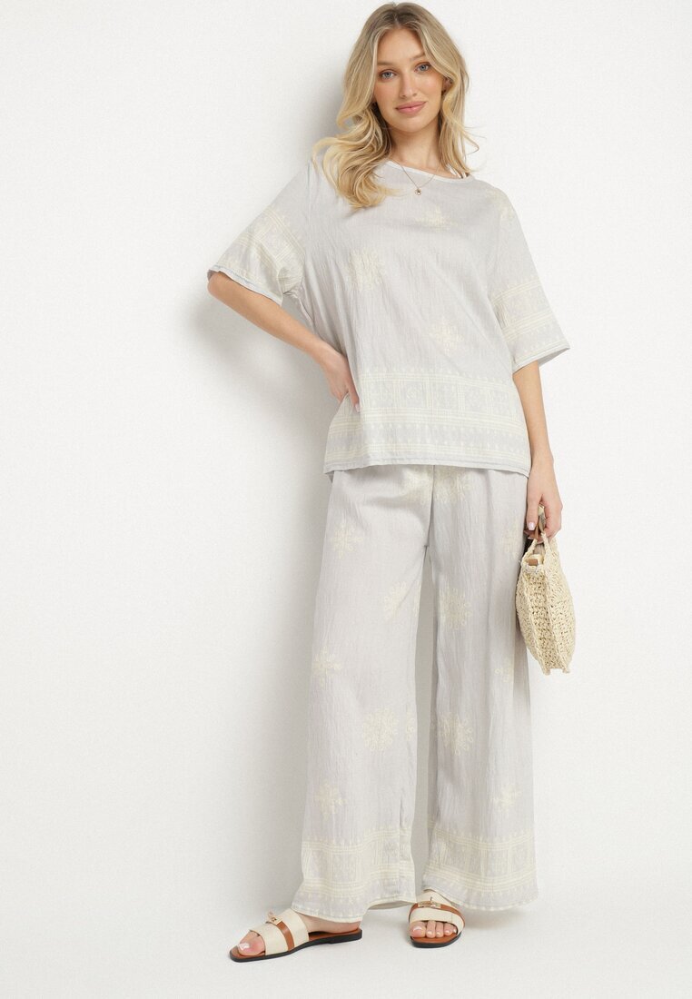 j&x Compleu Gri deschis din Vâscoză în Stil Rustic Bluză și Pantaloni Largi Ronilae
