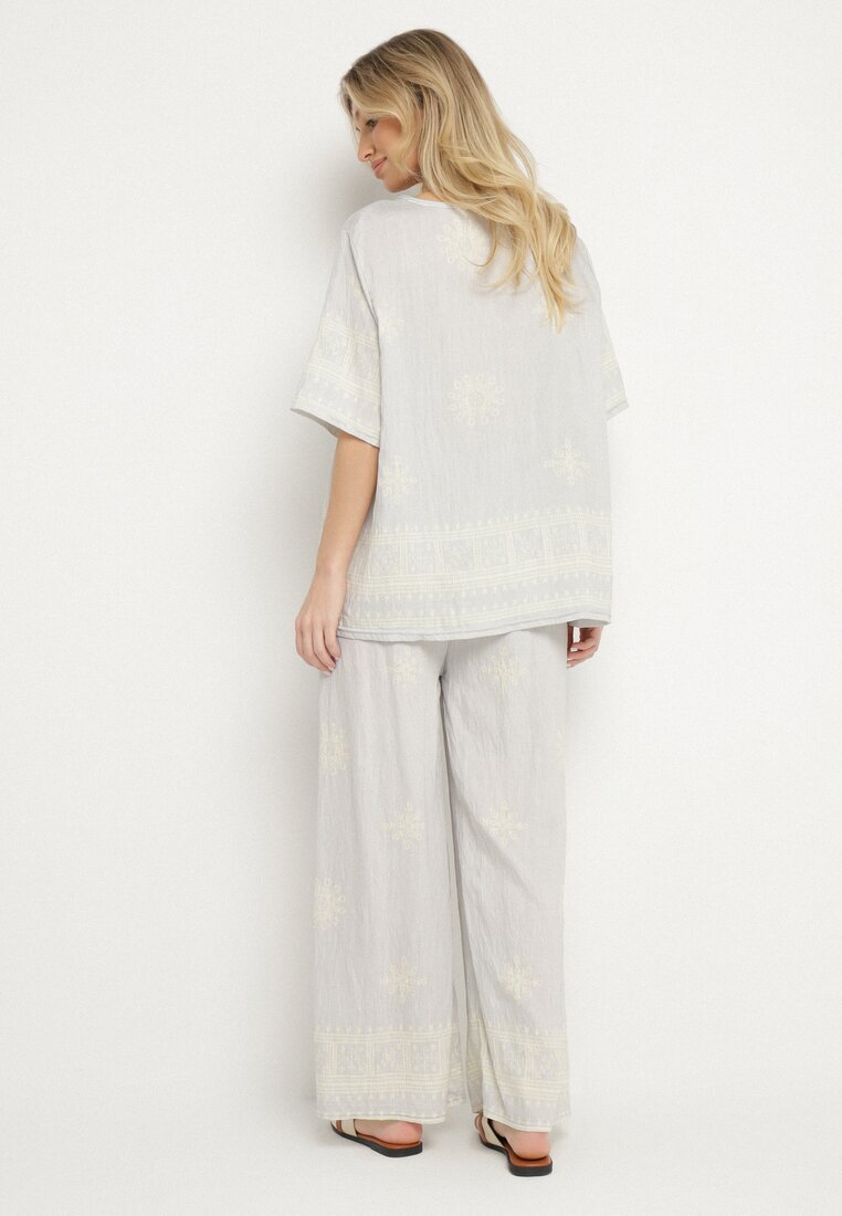 j&x Compleu Gri deschis din Vâscoză în Stil Rustic Bluză și Pantaloni Largi Ronilae