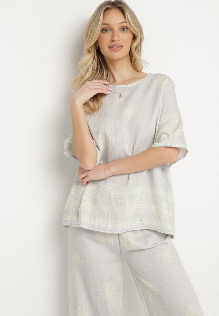 j&x Compleu Gri deschis din Vâscoză în Stil Rustic Bluză și Pantaloni Largi Ronilae