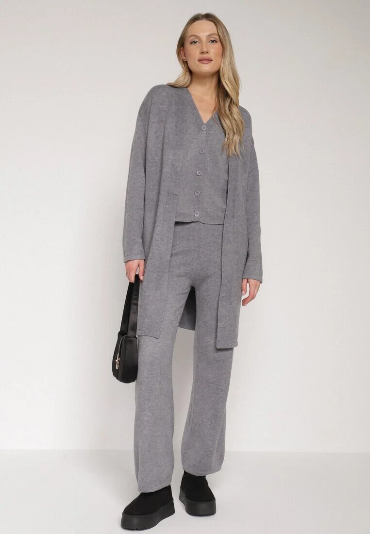 j&x Compleu Gri din Tricot cu Lână Pantaloni Cardigan și Vestă cu Nasturi Meviseffa