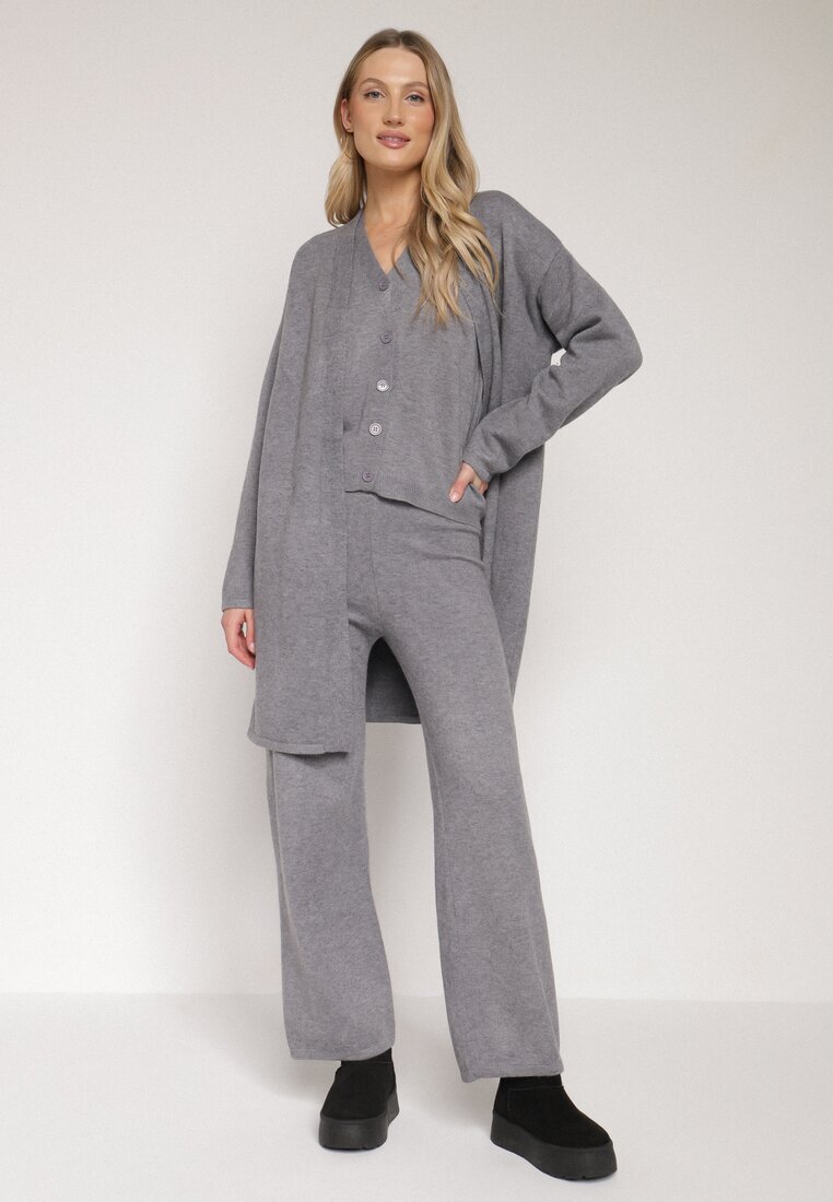 j&x Compleu Gri din Tricot cu Lână Pantaloni Cardigan și Vestă cu Nasturi Meviseffa