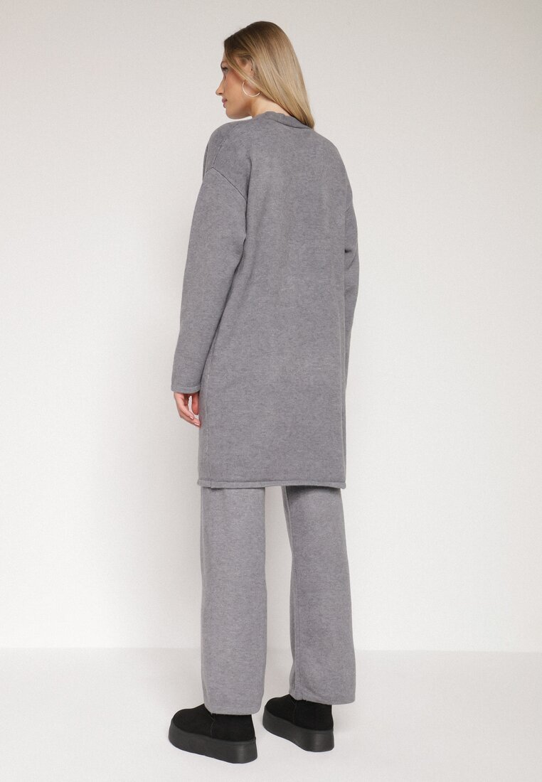 j&x Compleu Gri din Tricot cu Lână Pantaloni Cardigan și Vestă cu Nasturi Meviseffa