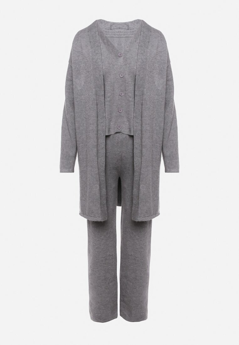 j&x Compleu Gri din Tricot cu Lână Pantaloni Cardigan și Vestă cu Nasturi Meviseffa