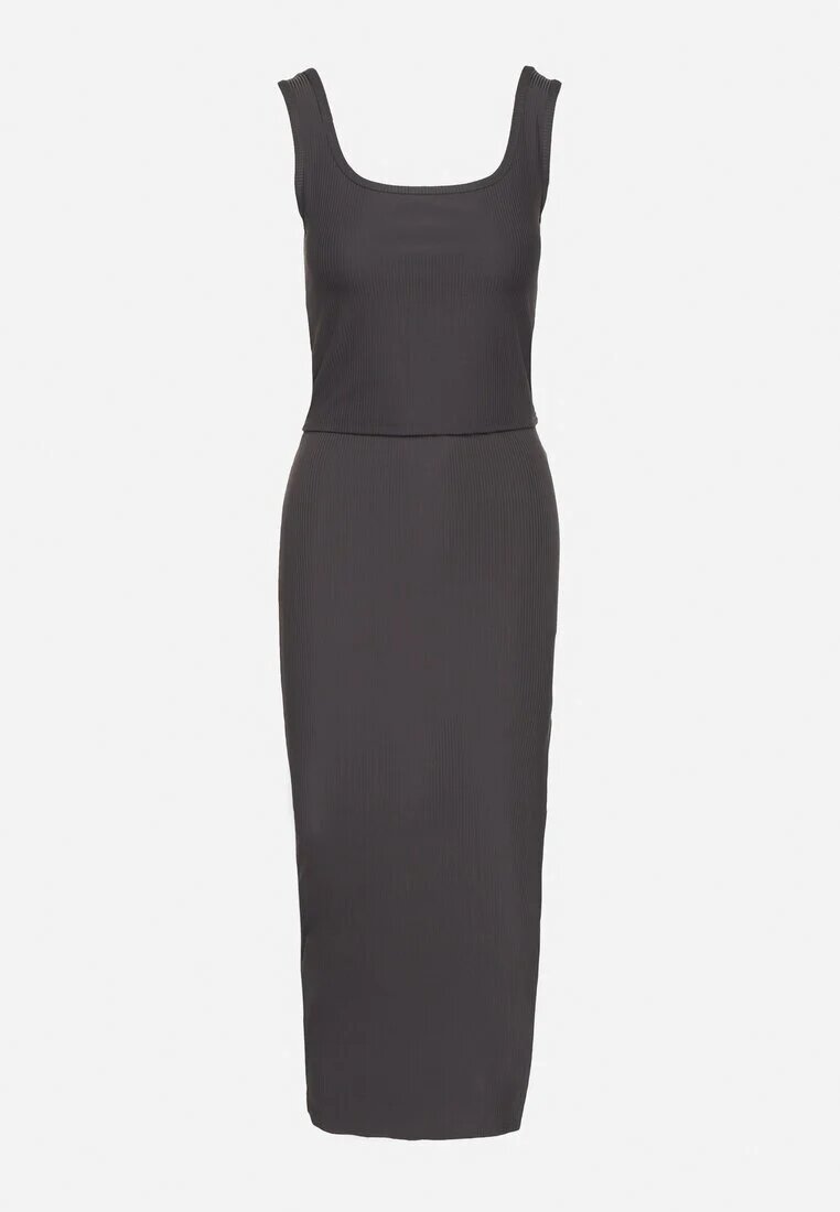 j&x Compleu Gri din Tricot Reiat Top cu Bretele Late și Fustă cu Șliț Lateral Uola