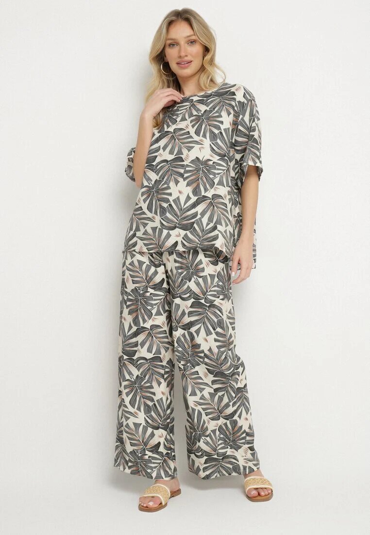 j&x Compleu Gri din Viscoză cu Imprimeu Floral Pantaloni Largi și Tricou Evianira