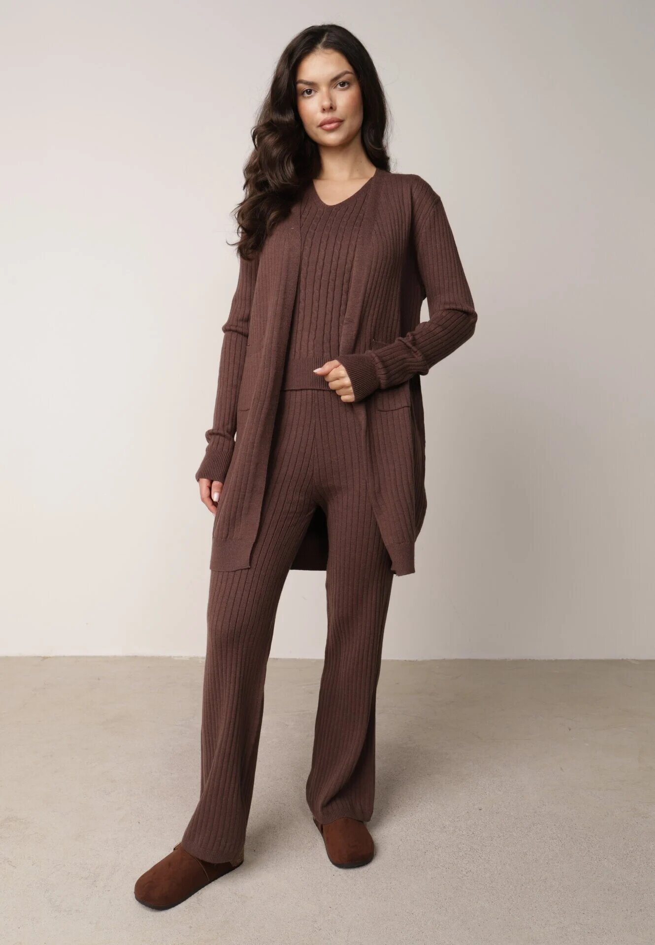 j&x Compleu Maro Tricotat cu Bumbac Pantaloni Vestă și Cardigan Lung Meviravia