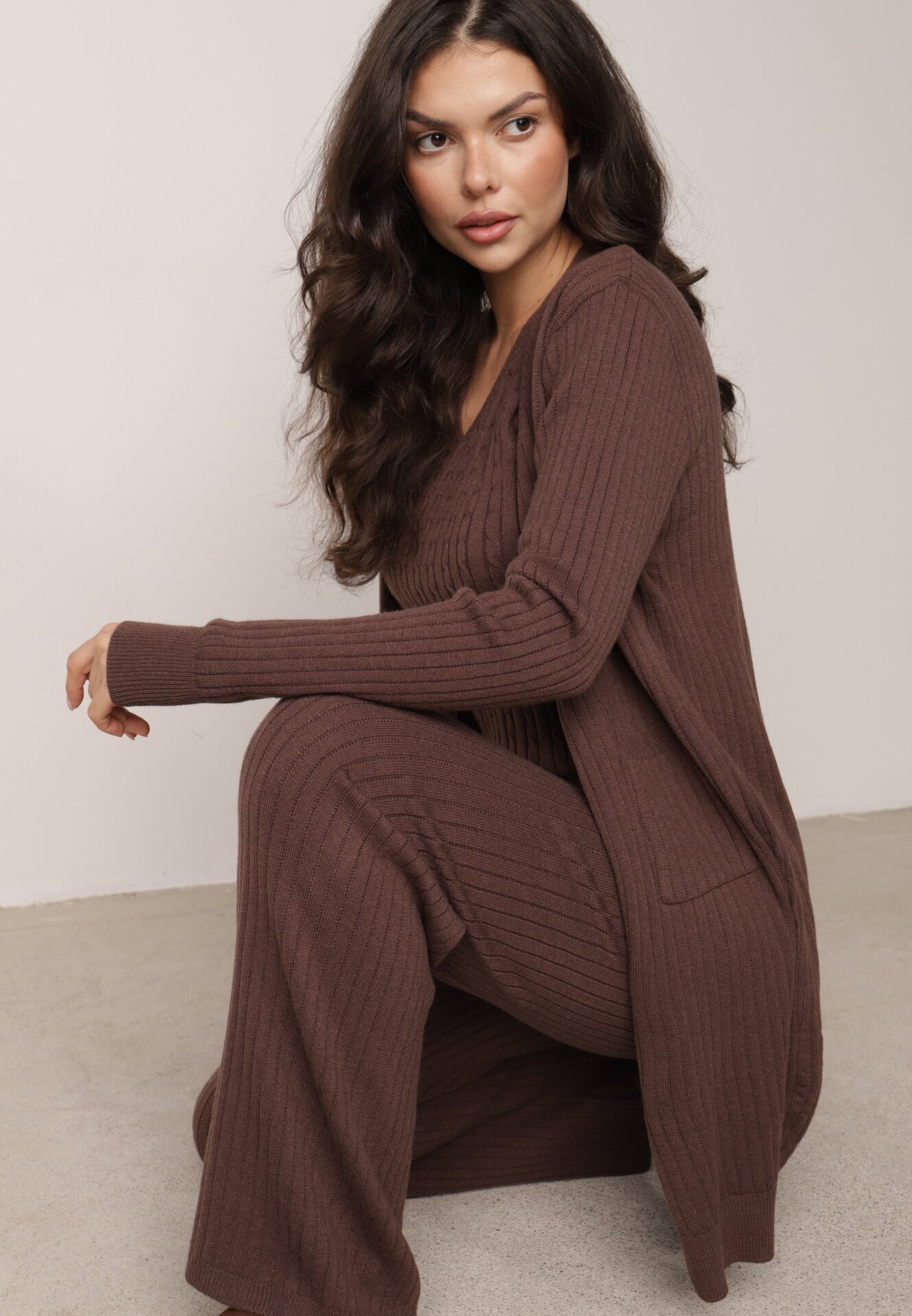j&x Compleu Maro Tricotat cu Bumbac Pantaloni Vestă și Cardigan Lung Meviravia
