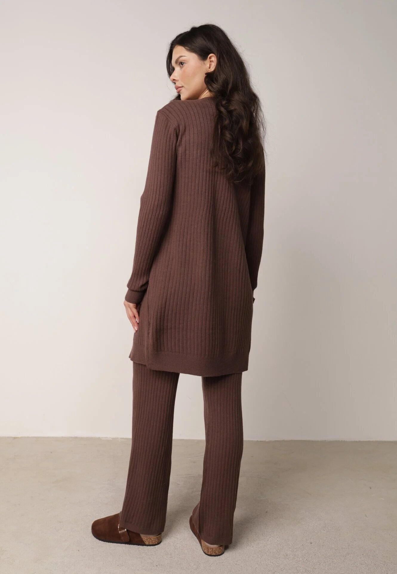 j&x Compleu Maro Tricotat cu Bumbac Pantaloni Vestă și Cardigan Lung Meviravia