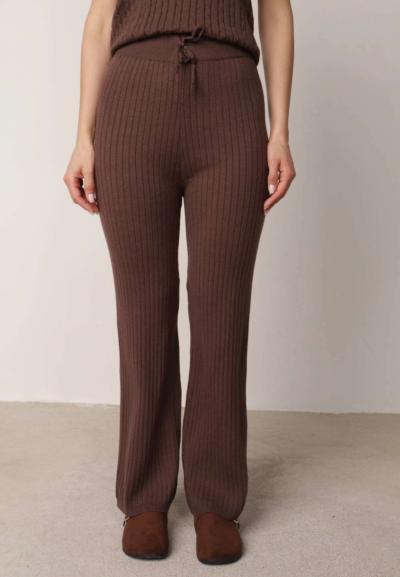 j&x Compleu Maro Tricotat cu Bumbac Pantaloni Vestă și Cardigan Lung Meviravia