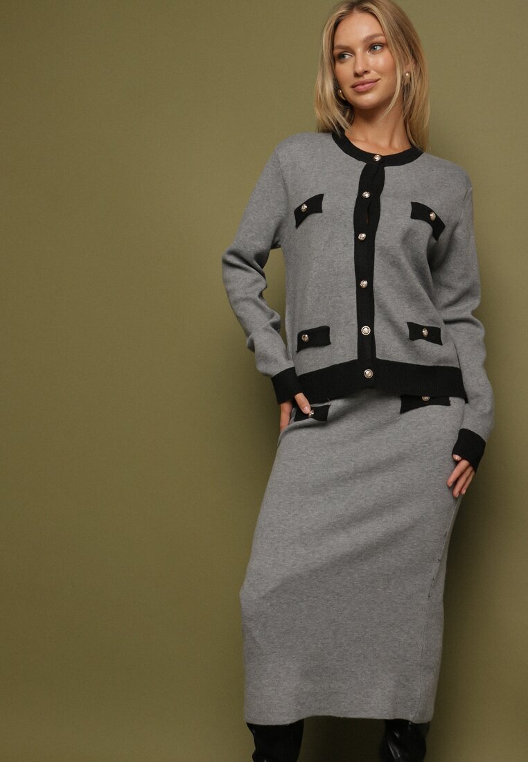 j&x Compleu Negru-Gri Tricotat din Bumbac Cardigan și Fustă Amantta