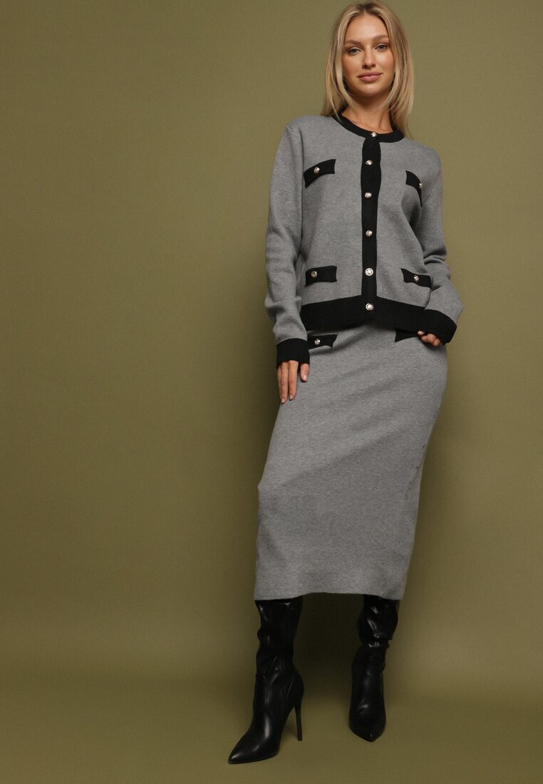 j&x Compleu Negru-Gri Tricotat din Bumbac Cardigan și Fustă Amantta