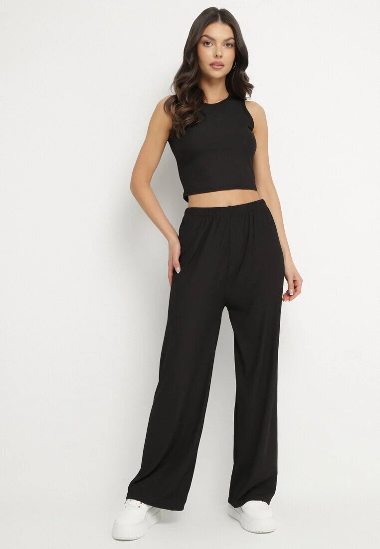 j&x Compleu Negru Striat Top Mulat și Pantaloni cu croială largă Miresia
