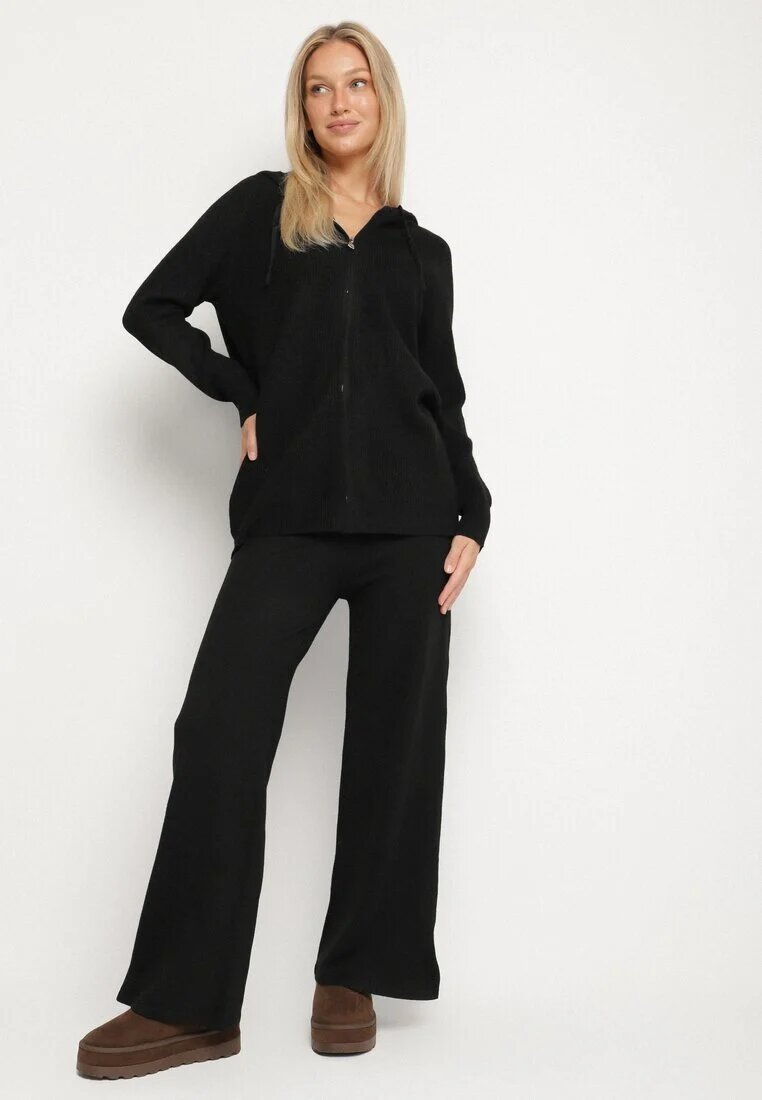 j&x Compleu Negru Tricotat cu Lână Bluză cu glugă și Pantaloni largi Otisela
