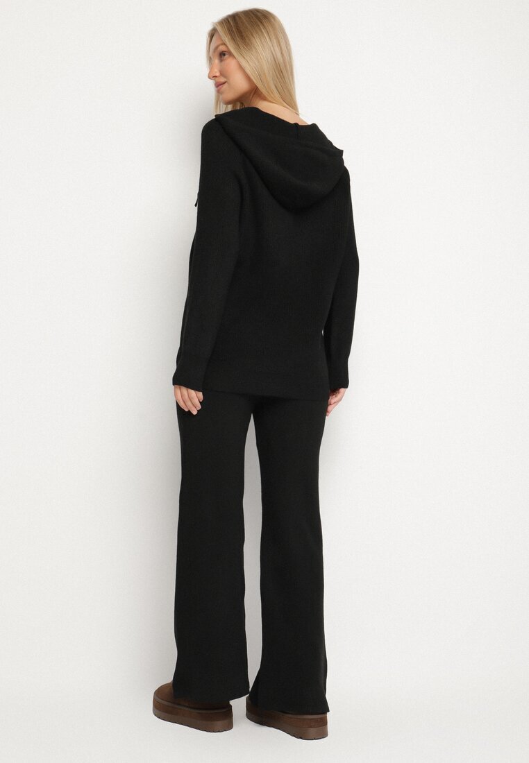 j&x Compleu Negru Tricotat cu Lână Bluză cu glugă și Pantaloni largi Otisela