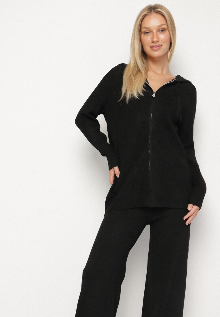j&x Compleu Negru Tricotat cu Lână Bluză cu glugă și Pantaloni largi Otisela