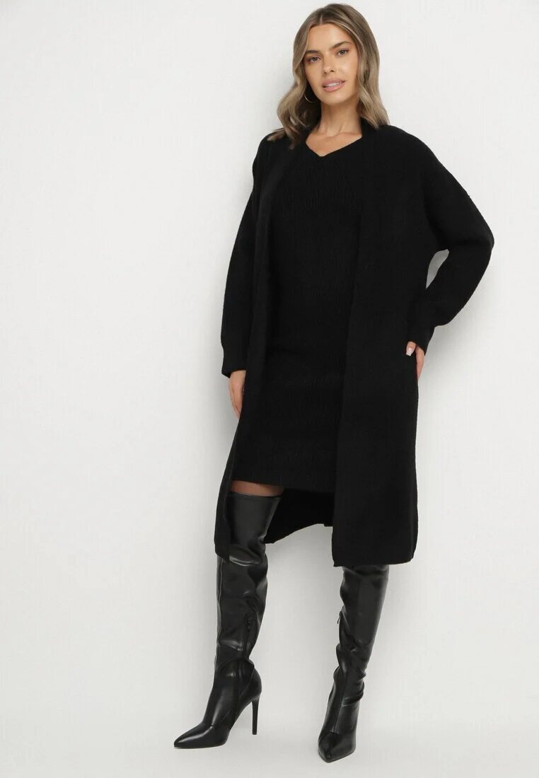 j&x Compleu Negru Tricotat cu Lână Cardigan Lung și Rochie cu Dungi Falandrea