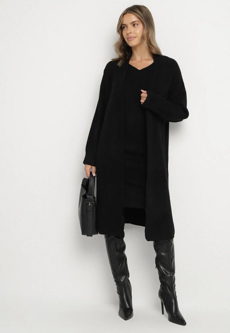 j&x Compleu Negru Tricotat cu Lână Cardigan Lung și Rochie cu Dungi Falandrea