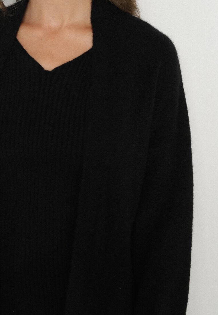 j&x Compleu Negru Tricotat cu Lână Cardigan Lung și Rochie cu Dungi Falandrea