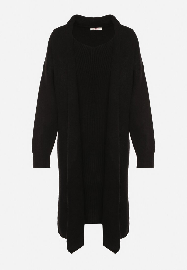 j&x Compleu Negru Tricotat cu Lână Cardigan Lung și Rochie cu Dungi Falandrea