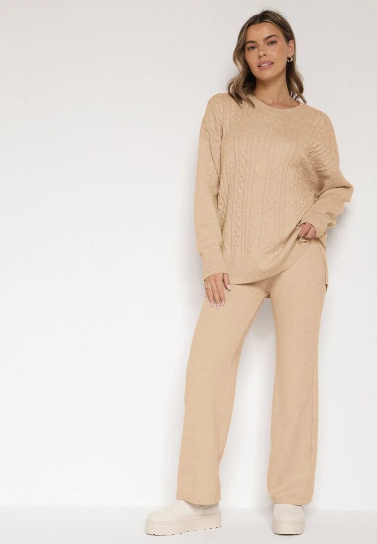 j&x Compleu Tricotat Bej cu Bumbac și Lână Pantaloni și Pulover Împletit Errela