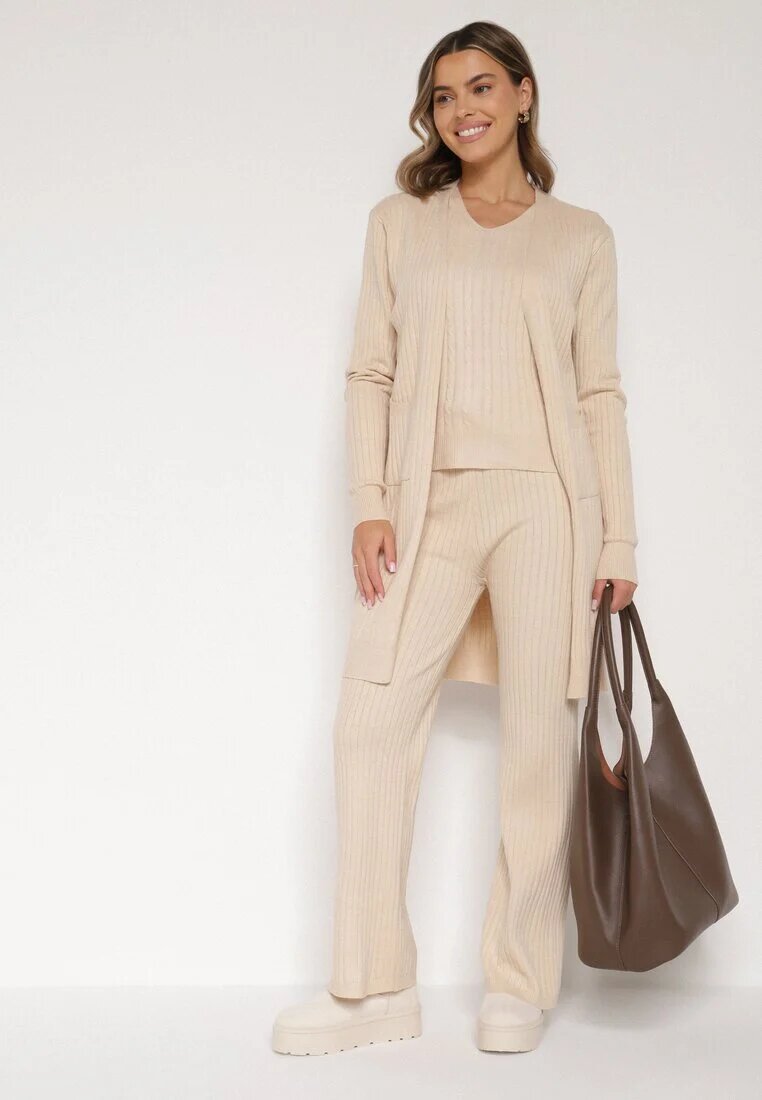 j&x Compleu tricotat bej deschis din bumbac pantaloni vestă și cardigan lung Meviravia