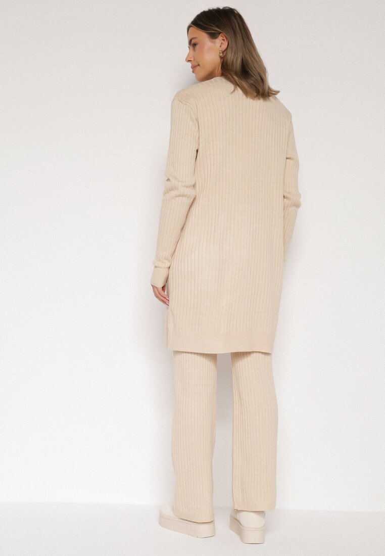 j&x Compleu tricotat bej deschis din bumbac pantaloni vestă și cardigan lung Meviravia
