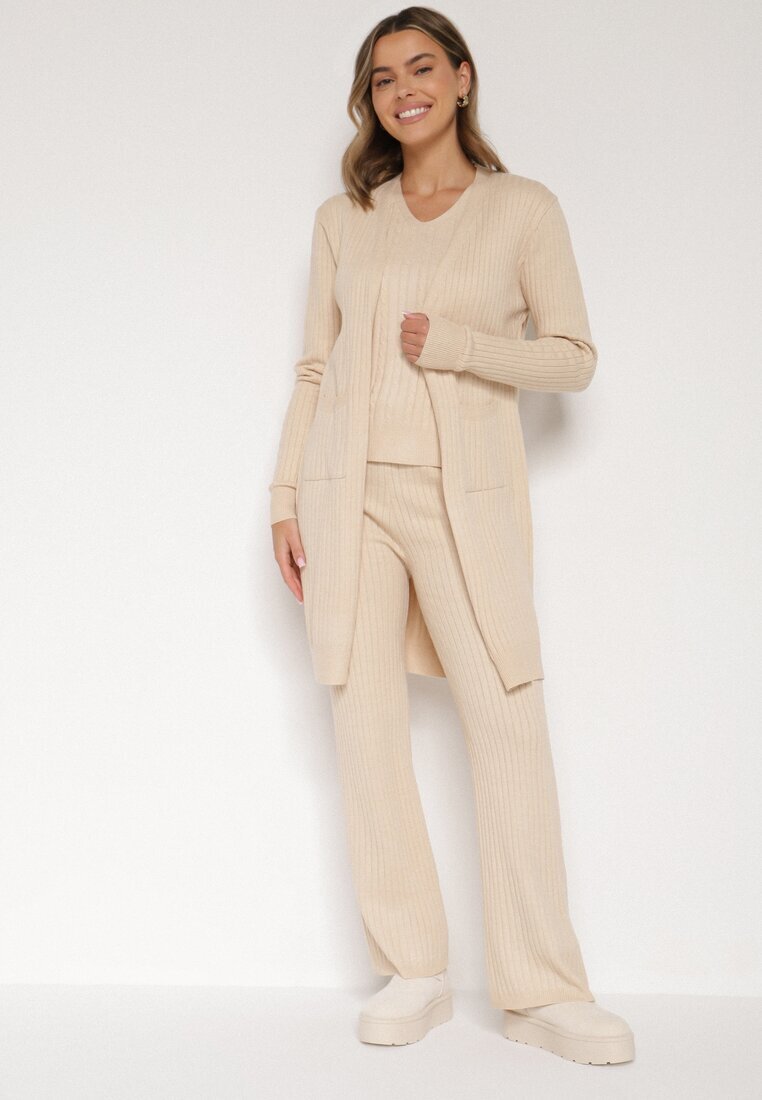 j&x Compleu tricotat bej deschis din bumbac pantaloni vestă și cardigan lung Meviravia