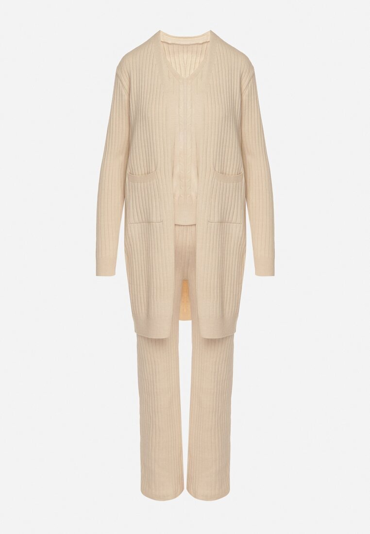 j&x Compleu tricotat bej deschis din bumbac pantaloni vestă și cardigan lung Meviravia