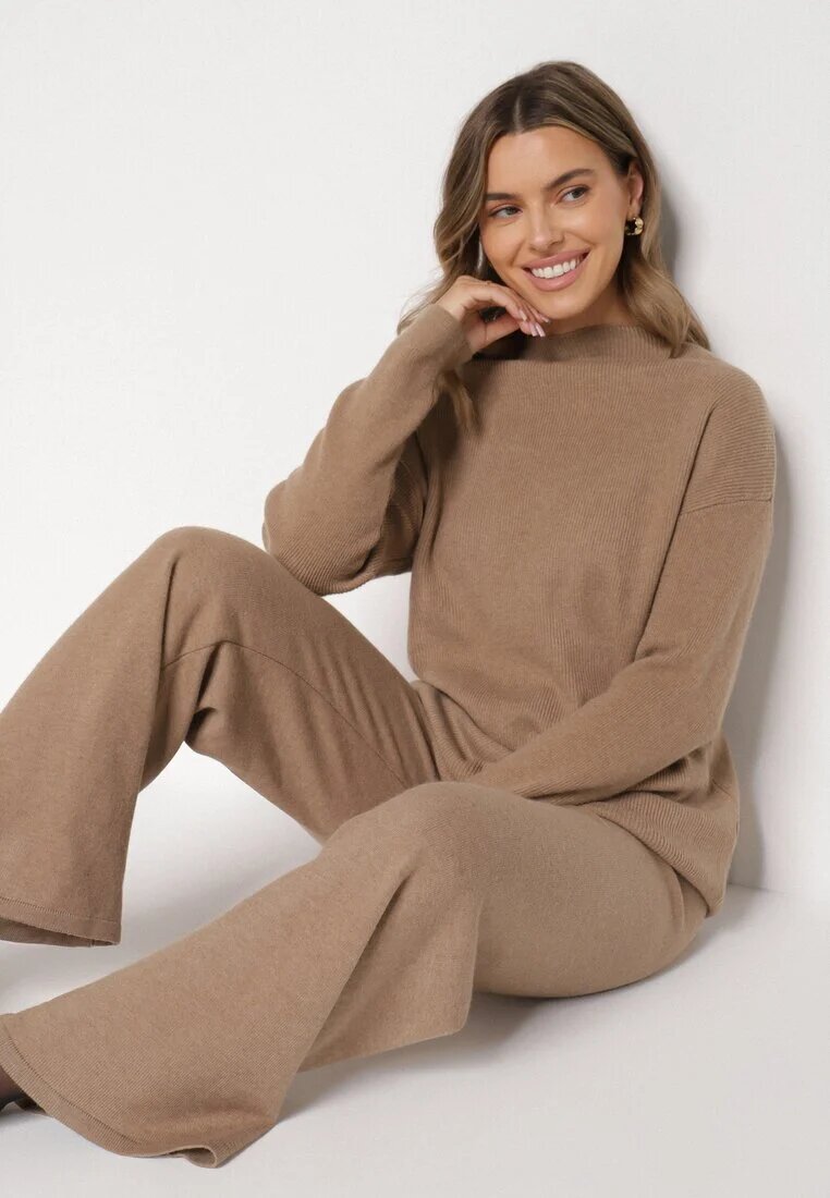 j&x Compleu Tricotat Bej închis din Bumbac și Lână Pulover Lung și Pantaloni Largi Reinesa