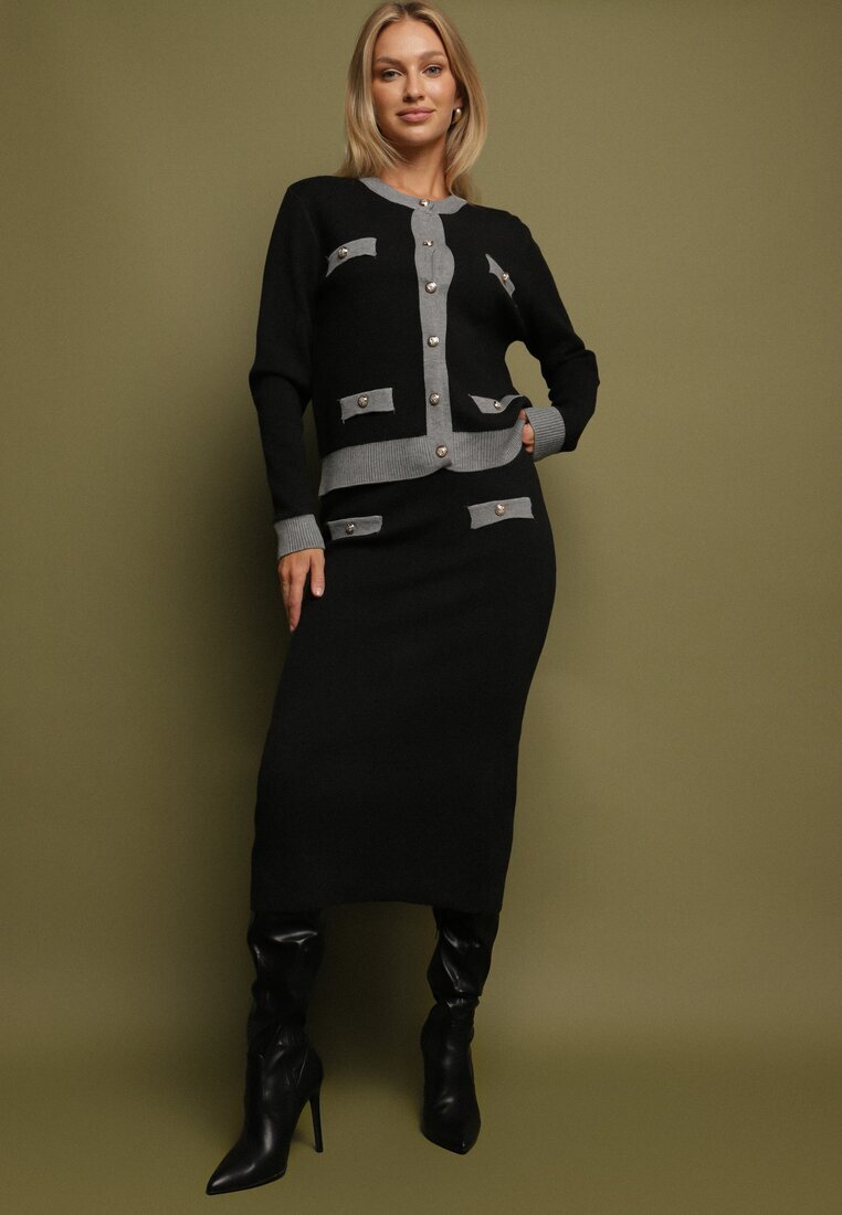 j&x Compleu Tricotat Gri cu Bumbac Cardigan și Fustă Amantta