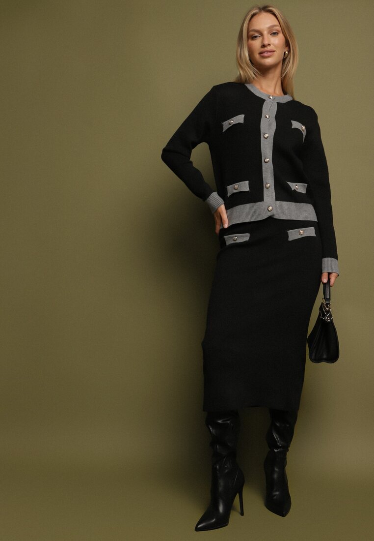 j&x Compleu Tricotat Gri cu Bumbac Cardigan și Fustă Amantta