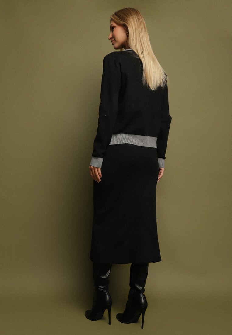 j&x Compleu Tricotat Gri cu Bumbac Cardigan și Fustă Amantta
