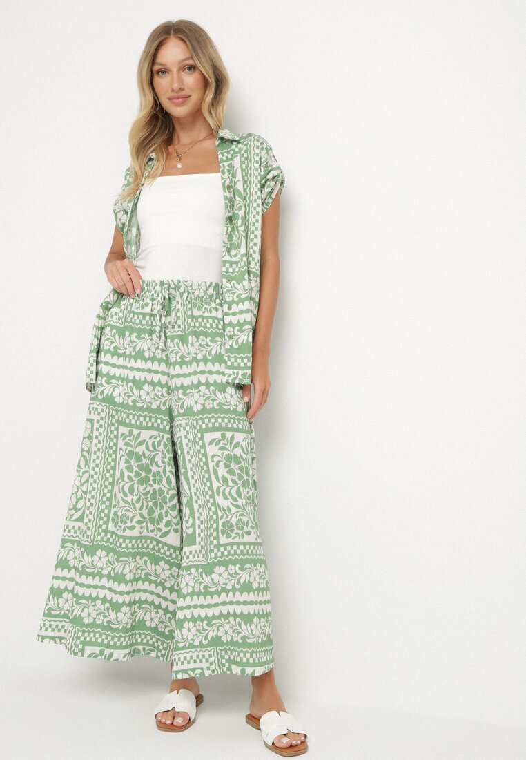 j&x Compleu Verde deschis cu Viscoză cu Motiv Floral Cămașă și Pantaloni Sonaniella