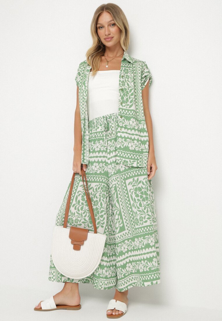 j&x Compleu Verde deschis cu Viscoză cu Motiv Floral Cămașă și Pantaloni Sonaniella