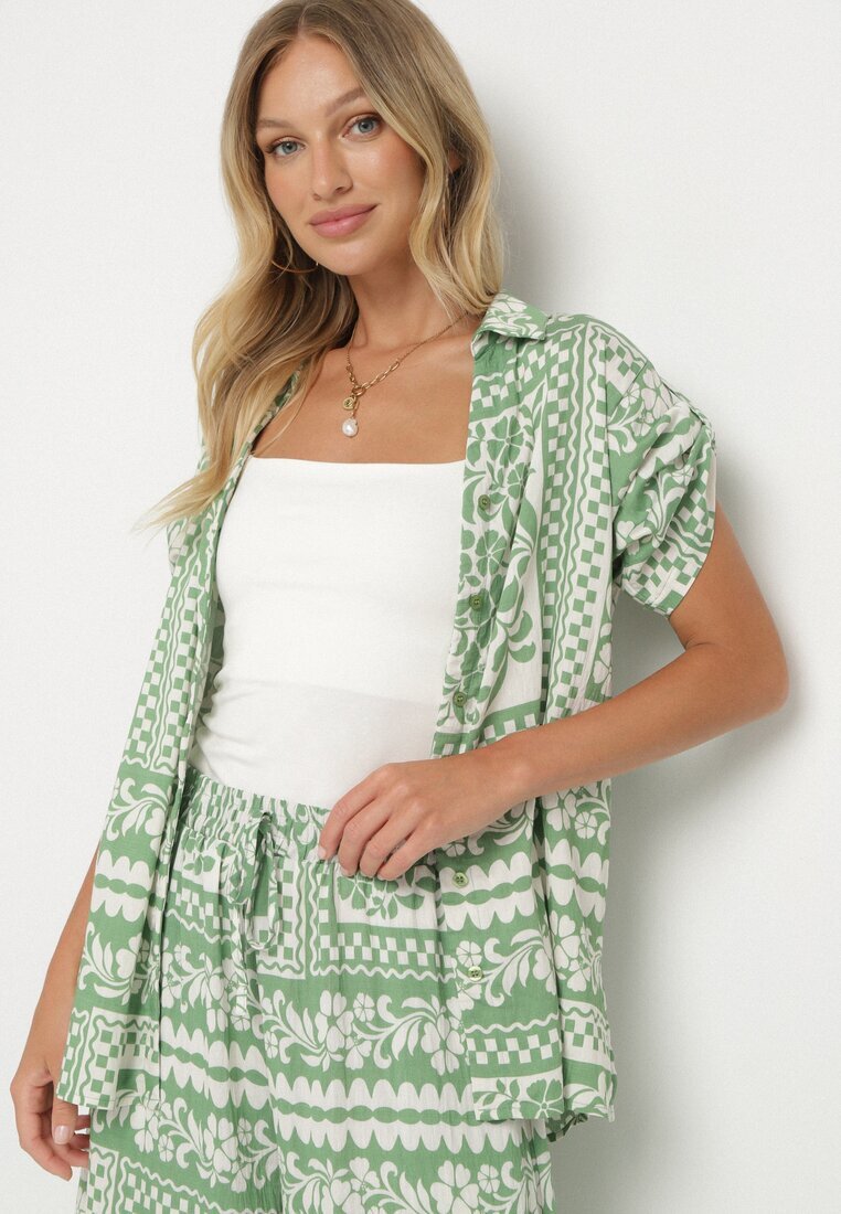 j&x Compleu Verde deschis cu Viscoză cu Motiv Floral Cămașă și Pantaloni Sonaniella