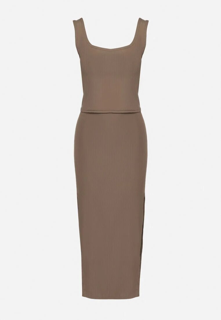 j&x Compleu Verde din Tricot Reiat Top cu Bretele Late și Fustă cu Șliț pe Lateral Uola
