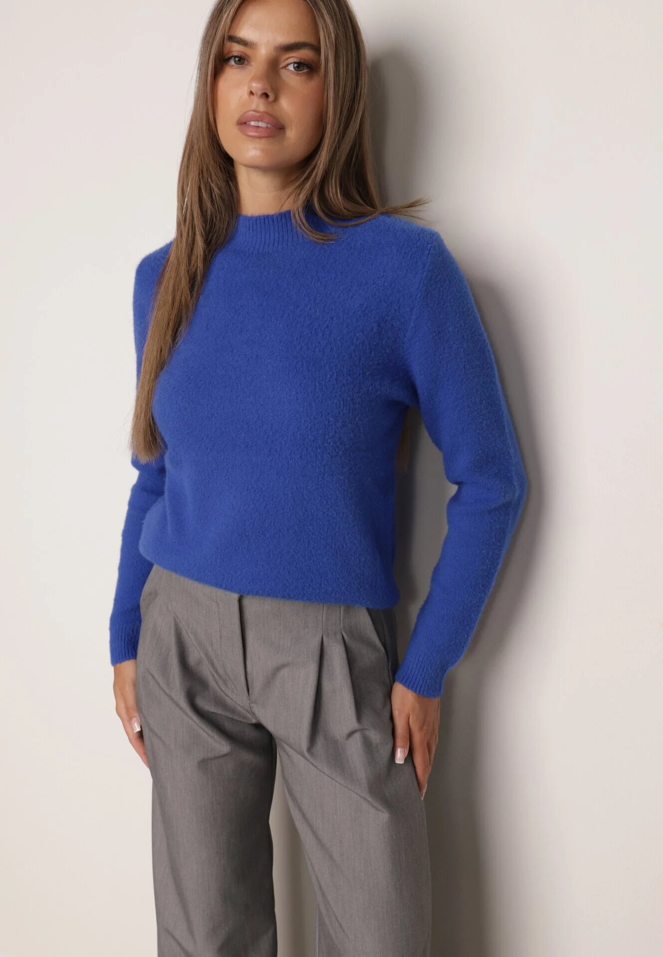 j&x Cu guler înalt minimalist cu lână și manșete striate Jazuria Albastru