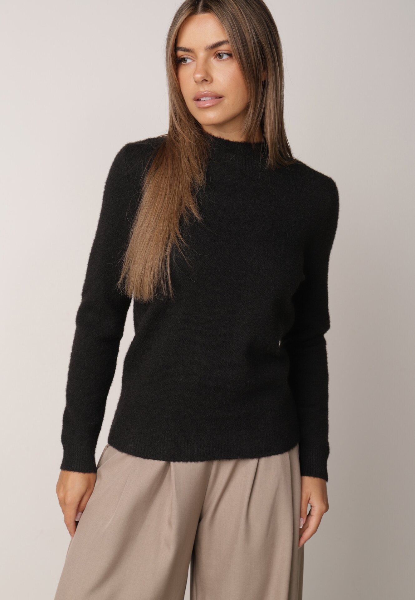 j&x Cu guler înalt minimalist cu lână și manșete striate Jazuria Negru